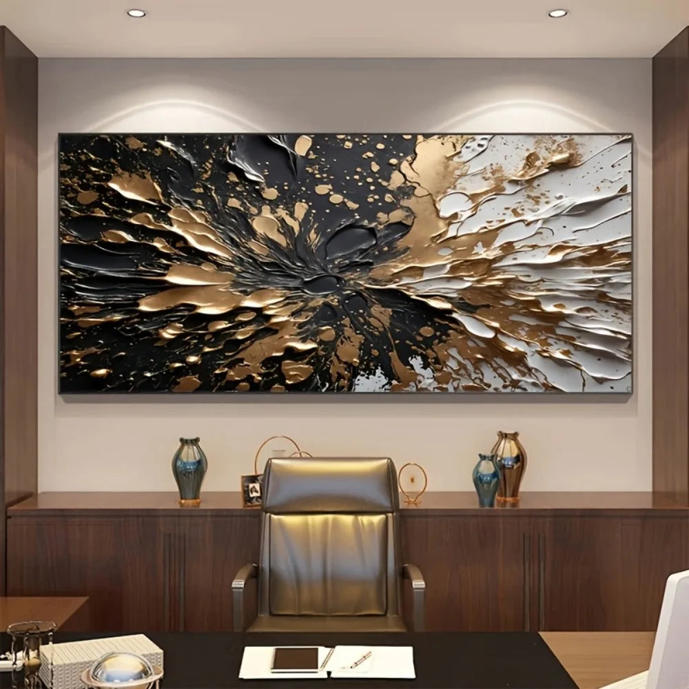 Modern abstract black gold ink splash texture wall mural, 1.5 inch thick pine solid wood frame