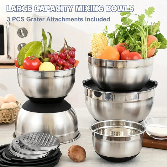 8pcs Stainless Steel Mixing Bowl set with Airtight Black Lids with Attachments  Bottoms
