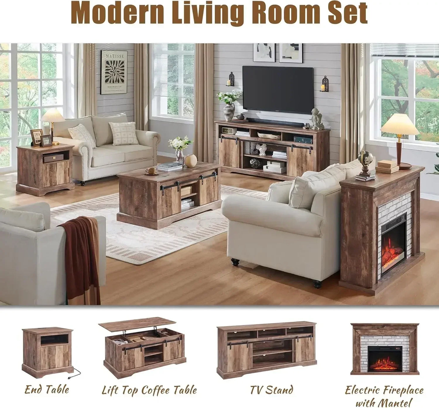 45" Flip Top Electric Fireplace adjustable flame level with Mantel, Heater, TV Stand, (Brown)