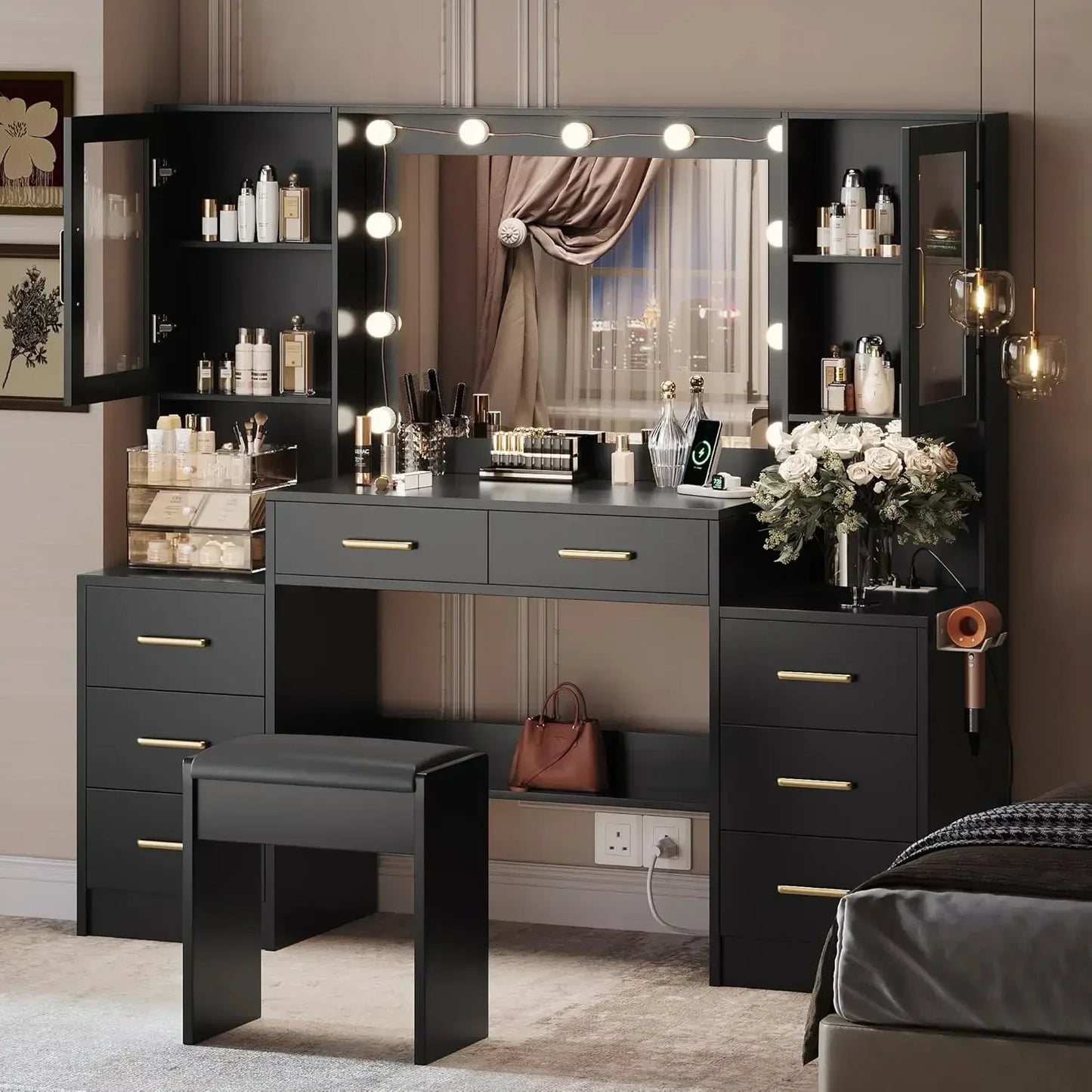 58.3" Vanity Desk with Mirror and 10 LED Lights, 8 Metal Sliding Drawers & 2 Cabinets,Vanity Set