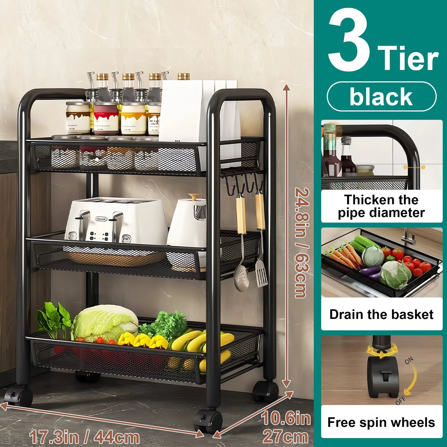 Foldable Metal Kitchen multipurpose Storage OrganizerTrolley with Wheels,  Easy to Assemble