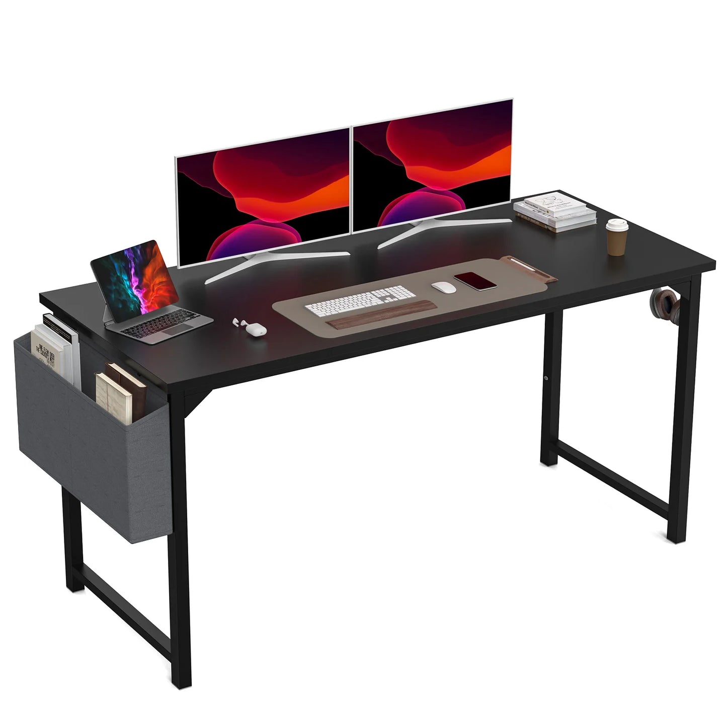 Computer Desk Writing Study Modern Compact Style Table with Side Bag Headphone Hook