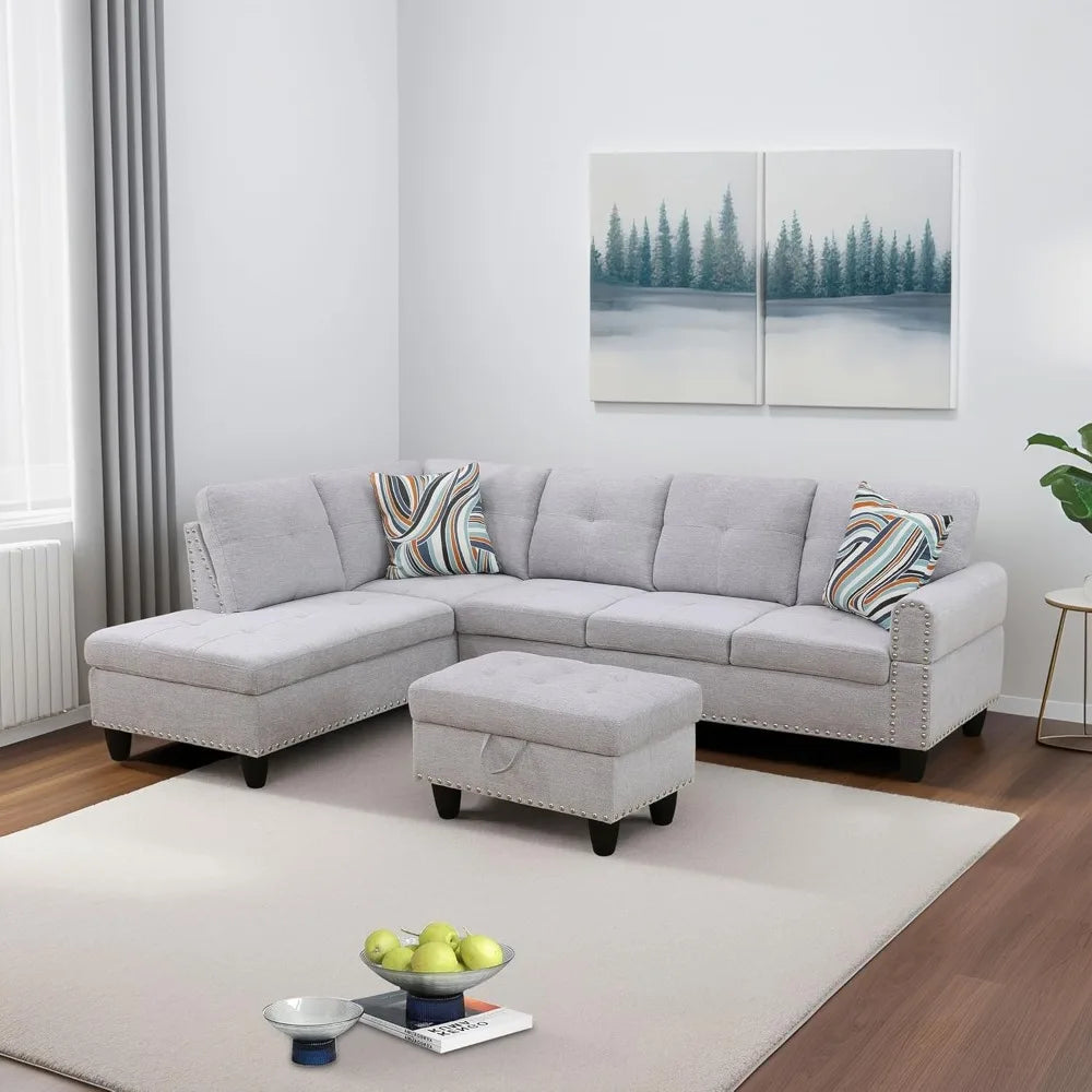 Linen 3-Piece Grey Sofa Living Room Sofa Set with Storage Ottoman, Reversible Coffee Table Cup-Holder,Grey