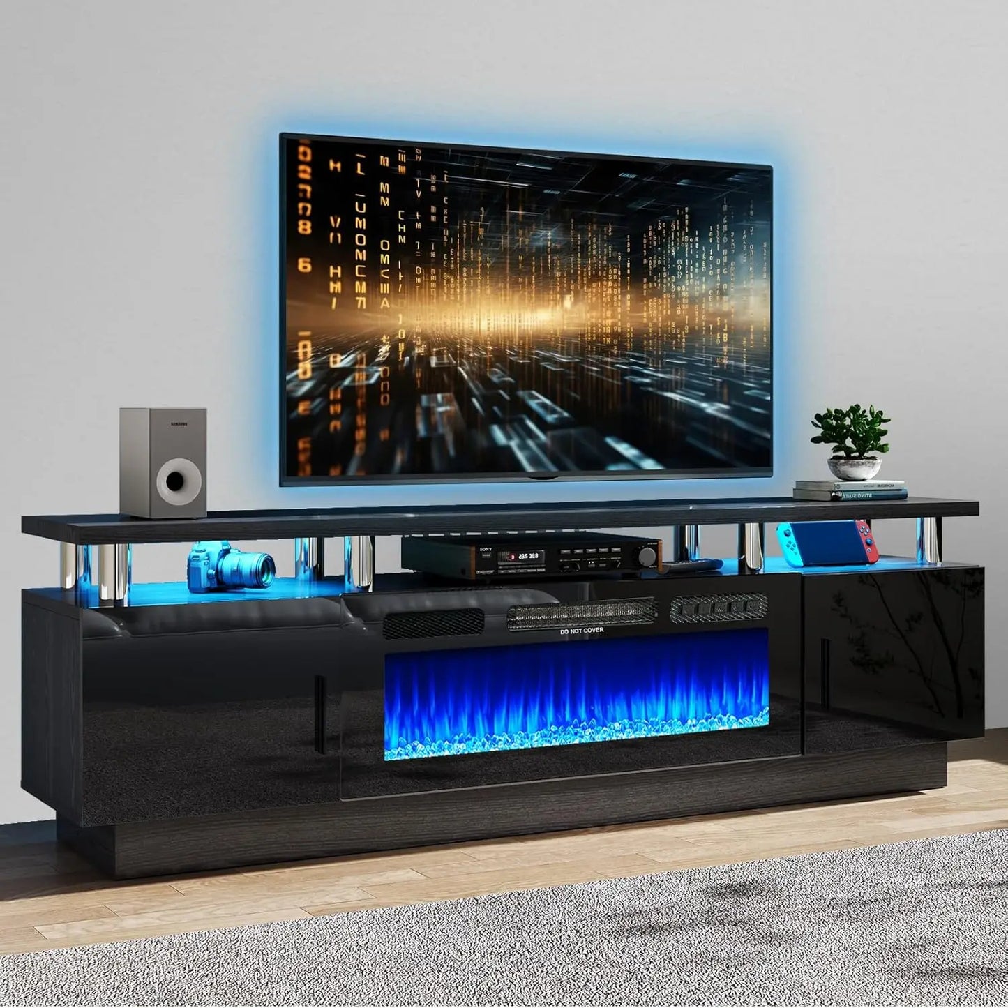 Modern Electric Fireplace TV Cabinet with Electronic Flame and LED Lights, Black, 70 Inch