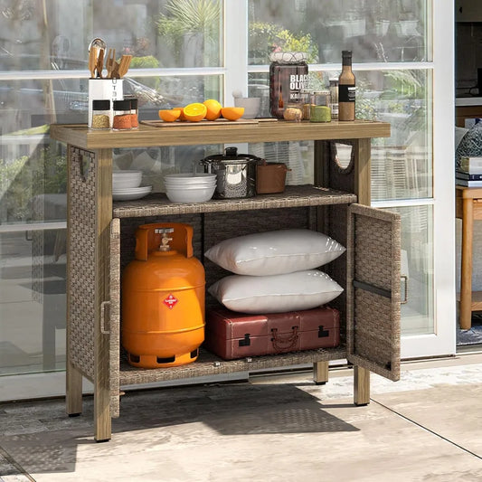 Patio Bar Table with Two Doors and Shelves, Waterproof Wicker Outdoor Storage Cabinet