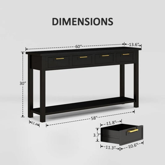 60 Inch Sofa Table w/4 Drawers and Bottom Shelf Narrow Long Hallway Table