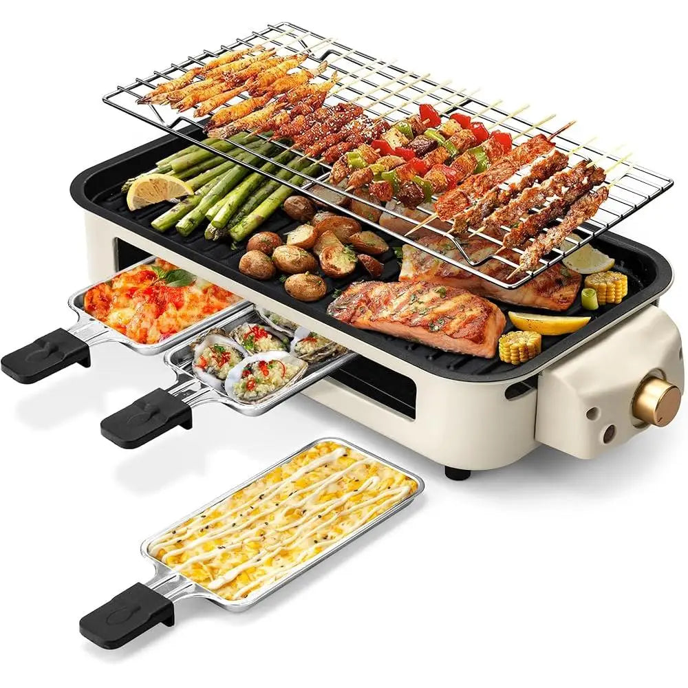 2 n 1 Non Stick Electric Smokeless Indoor Grill, Removable Plate, Temperature Control with Raclette Pans