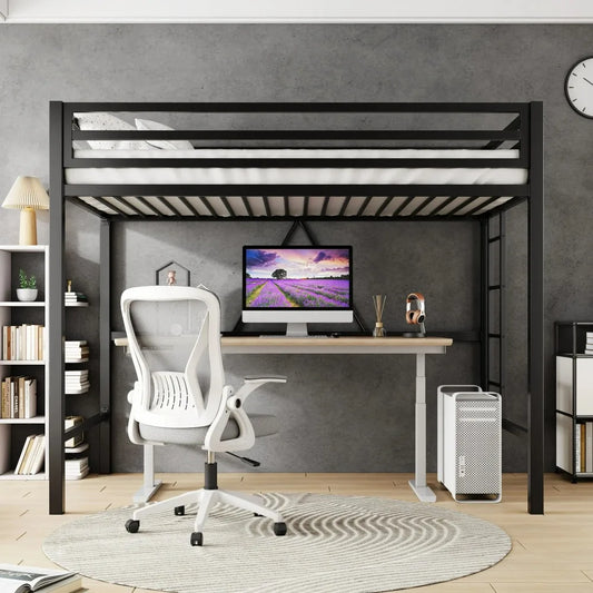 Twin Size Heavy Duty Metal Loft Bed with Removable Ladder & Full-Length Guardrail, Black