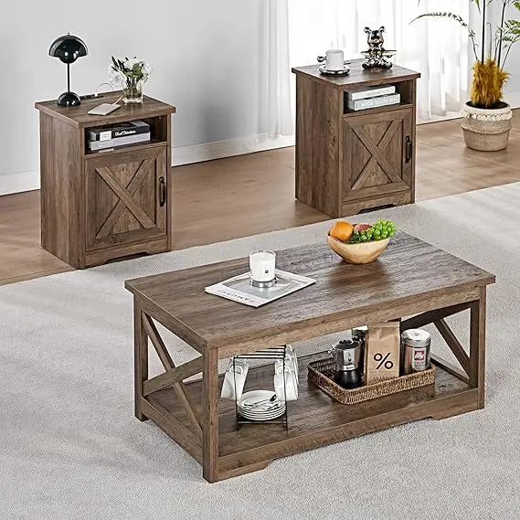 3-Piece Farmhouse Table Set Includes Coffee Table & Two End Tables, with Charging Station and USB Ports