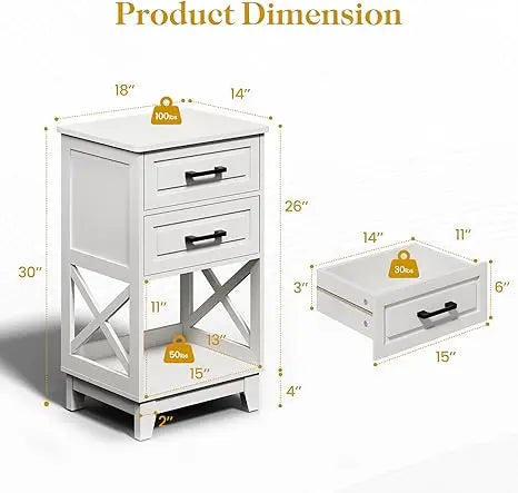 Tall Side Table with 2 Drawers and Open Shelf Below, Solid Feet