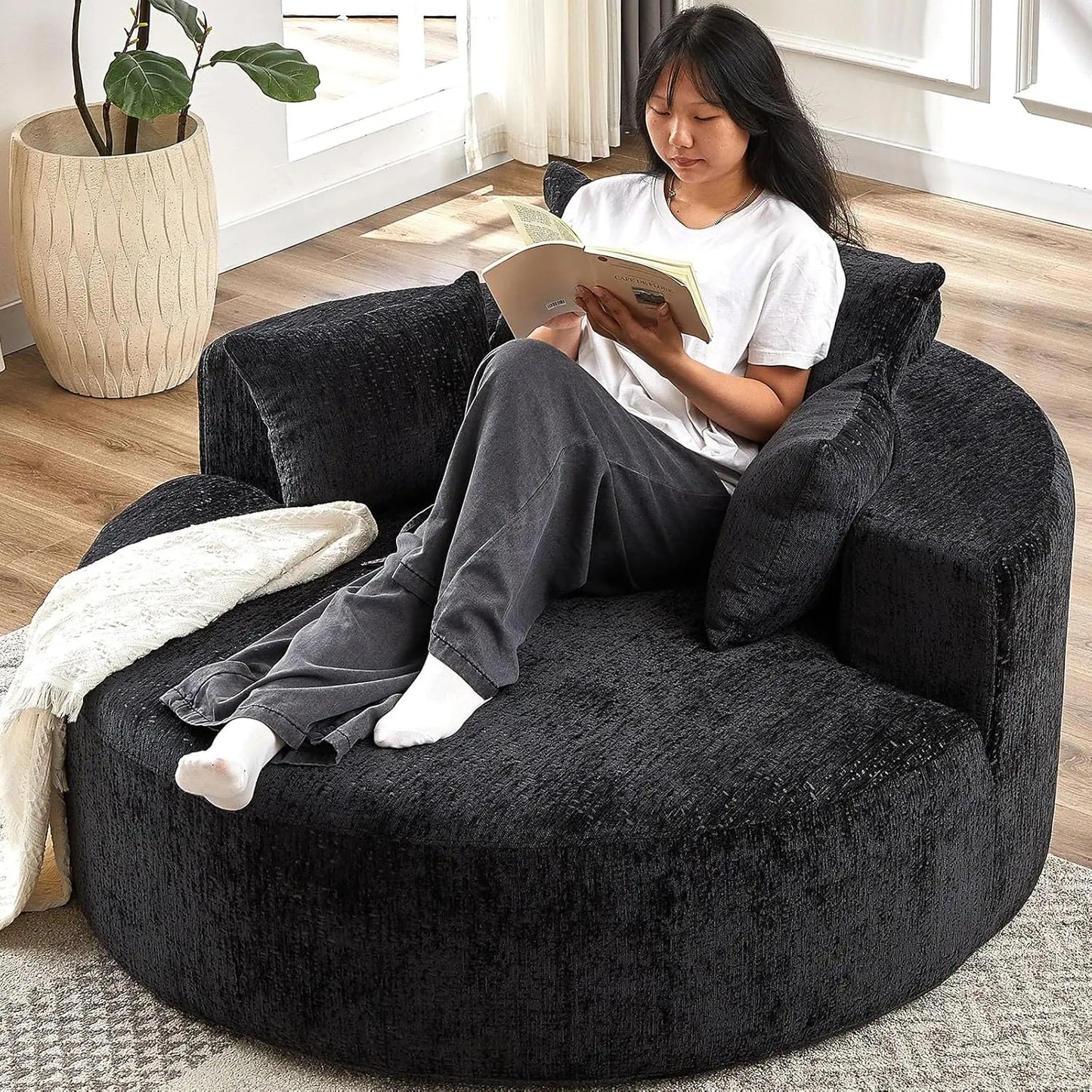 55''L Chenille Sponge Single Lounge Sofa, Fluffy Modern Sleeper Chair with Pillow