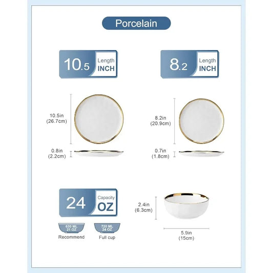 12 Pieces Plates and Bowls Sets, Porcelain White and Gold Dinnerware Sets