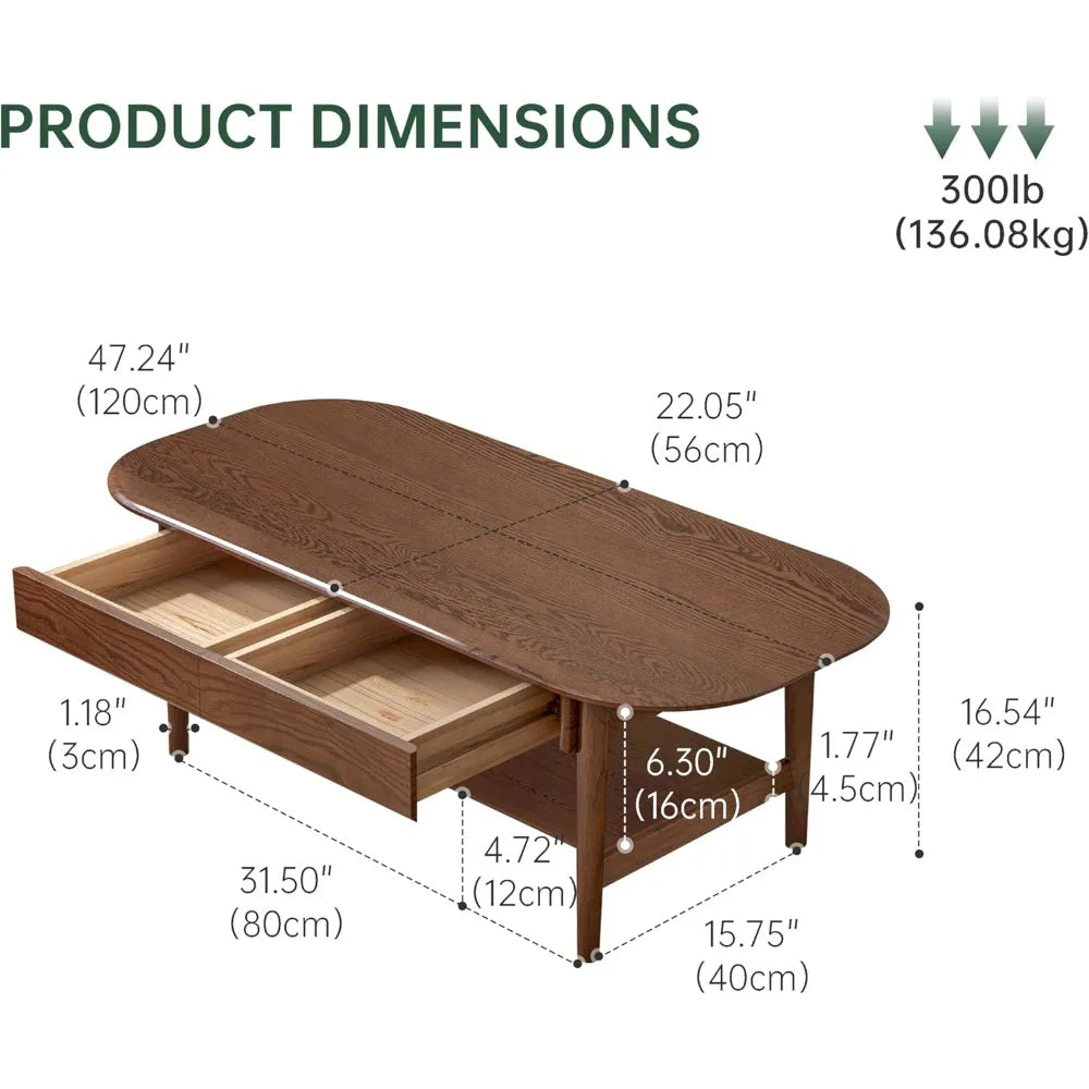 100% Solid Oak Wood 2-Tier Mid-Century Modern Coffee Table for Living Room with Open Shelf