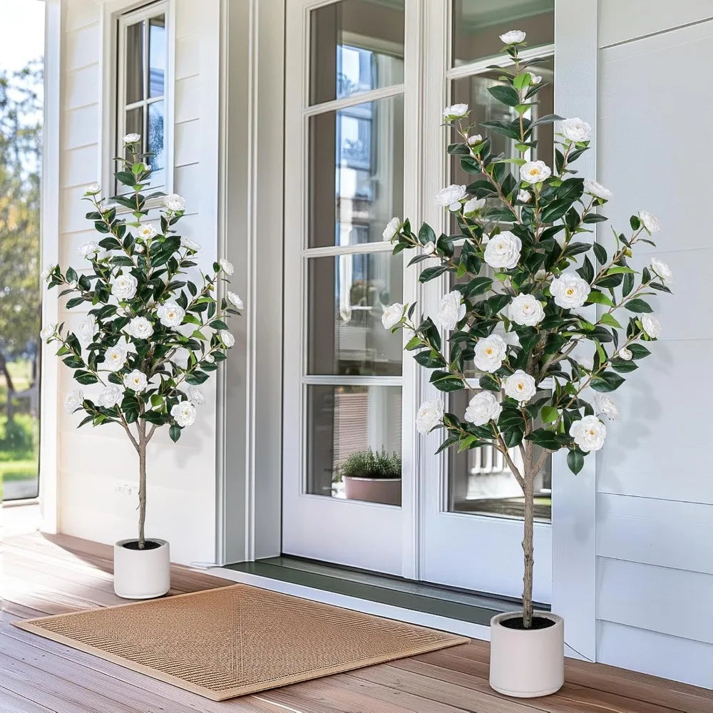 63 inch Artificial Camellia Tree with White Flower Pots -5 Ft Faux Plants, 2 pack