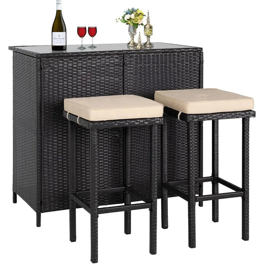 3-Piece Wicker Patio Outdoor Bar Set, 2 Stools and 1 Glass Top Table, Bistro Set,