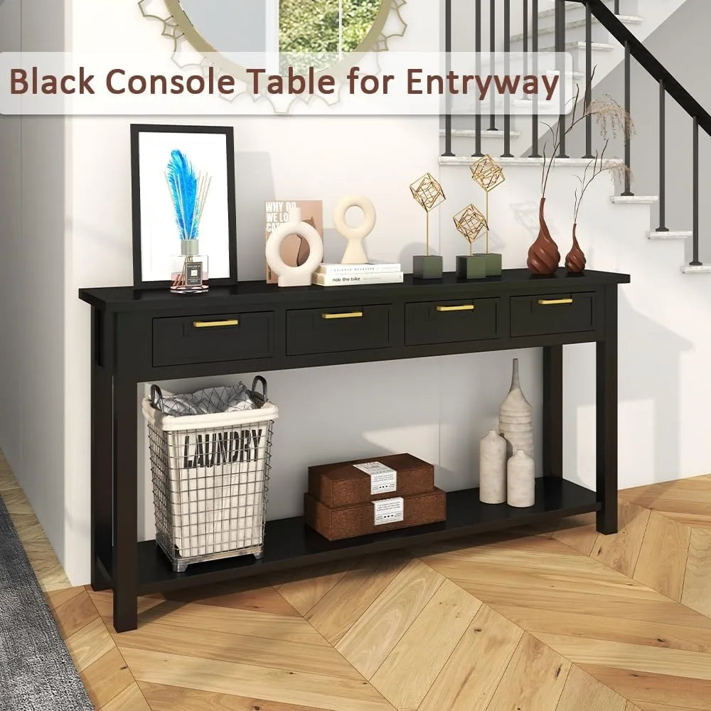 60 Inch Sofa Table w/4 Drawers and Bottom Shelf Narrow Long Hallway Table