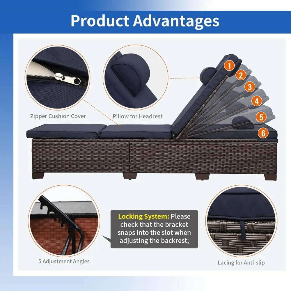 Outdoor Chaise Lounge Set of 2, Brown Wicker Pool Lounge Chairs, Multi-Angle Adjustable Backrest