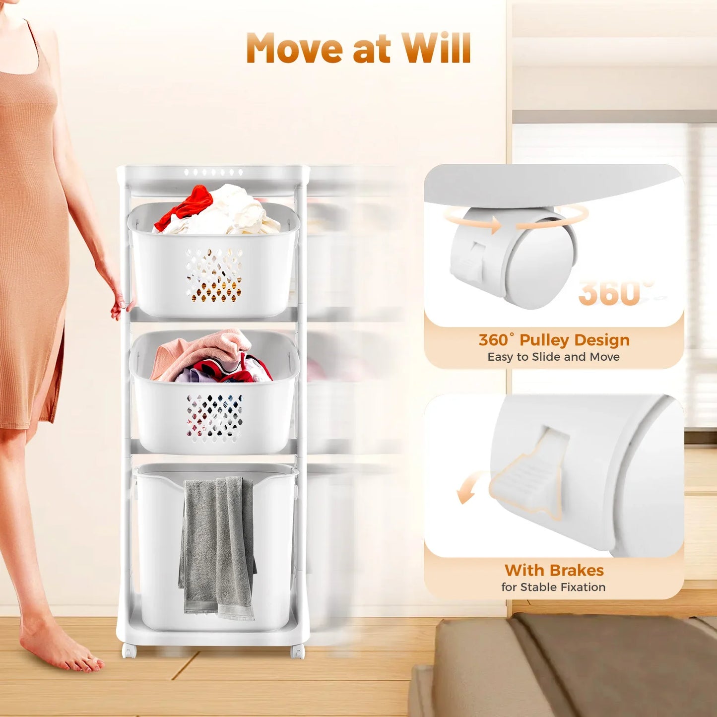 3 Tier Rolling 360° Rolling Laundry Hamper, Clothes Sorter Organizer with 4 Wheels