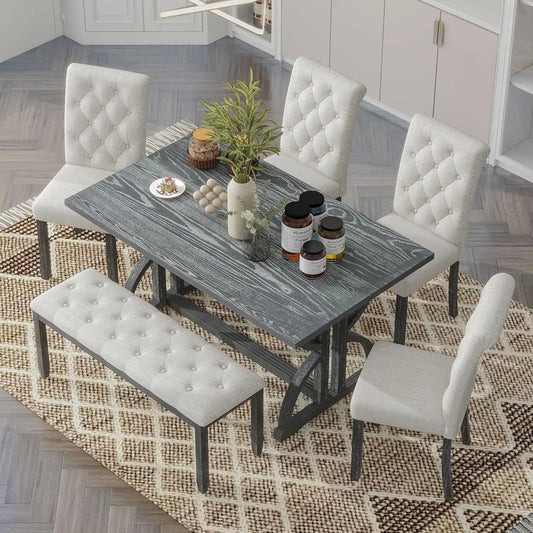 6 Pieces Rectangular Wood Dining Table Set with Bench and Unique Legs with 4 Upholstered Chairs