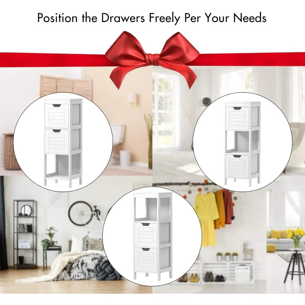 Bathroom Free Standing Storage Cabinet Organizer, Multifunctional Wooden Storage w/ 2 Drawers,