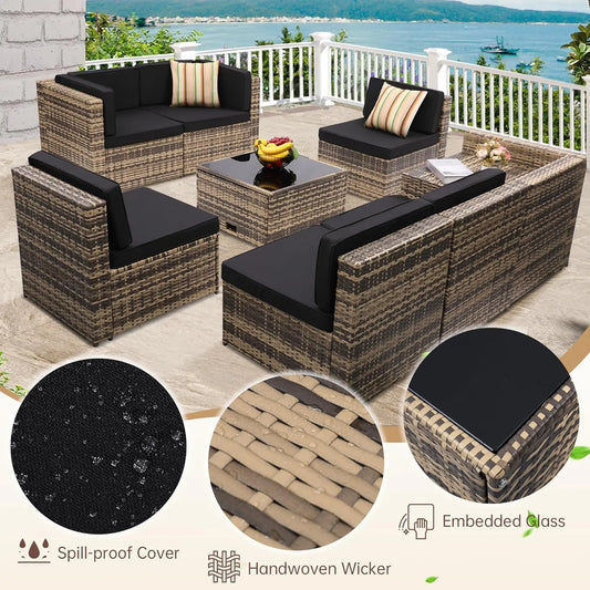 Rattan 8 Pieces Outdoor Wicker Sectional Set, Glass Top Table with Hidden Storage, Oversized Cushions