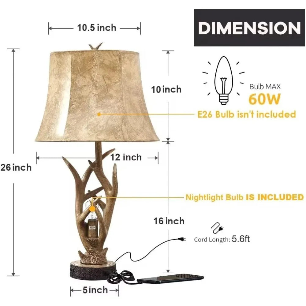 Dungoo Rustic Western Deer 26" Table Lamps with Nightlight Set of 2, with 2 USB Ports