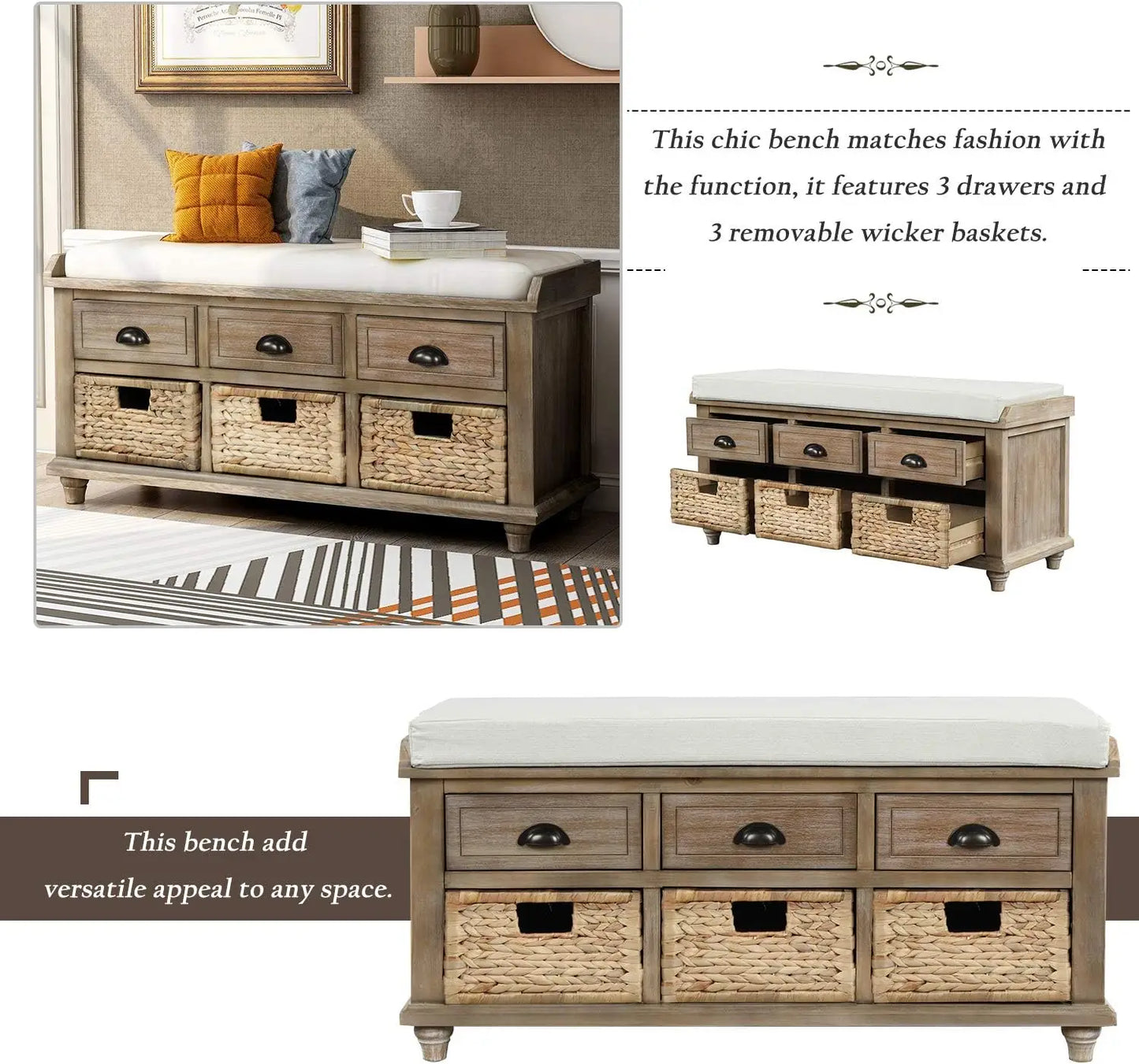 Wood Storage Entryway Bench with 3 Drawers, 3 Rattan Baskets with removable cushion