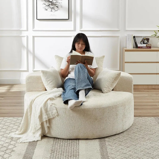 55''L Chenille Sponge Single Lounge Sofa, Fluffy Modern Sleeper Chair with Pillow