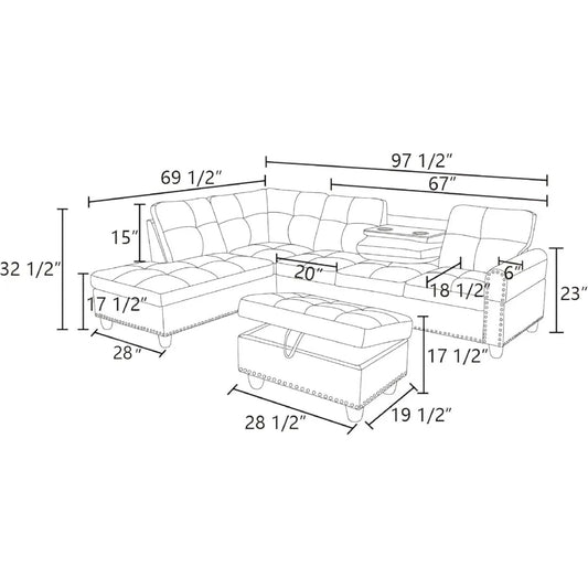 Linen 3-Piece Grey Sofa Living Room Sofa Set with Storage Ottoman, Reversible Coffee Table Cup-Holder,Grey