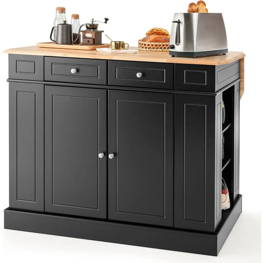 Kitchen island with rubber wood countertop, 2 drawers, 5 adjustable shelves and spice rack