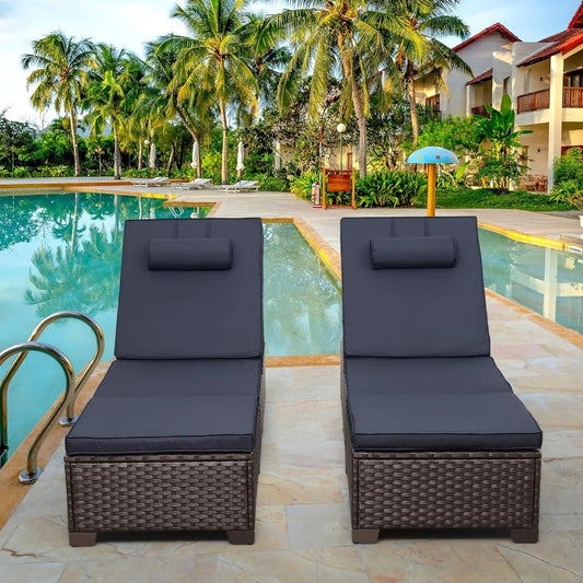 Outdoor Chaise Lounge Set of 2, Brown Wicker Pool Lounge Chairs, Multi-Angle Adjustable Backrest
