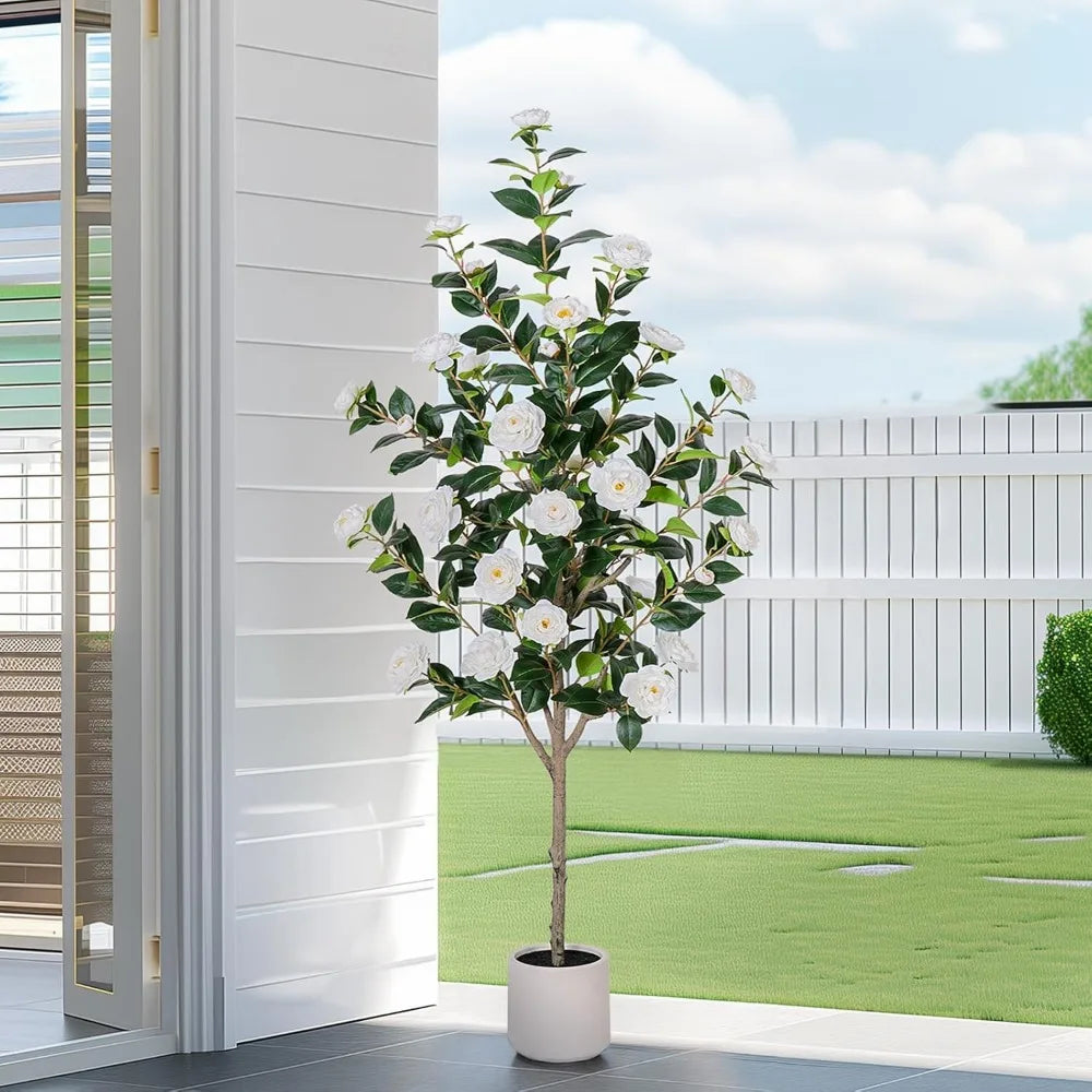 63 inch Artificial Camellia Tree with White Flower Pots -5 Ft Faux Plants, 2 pack