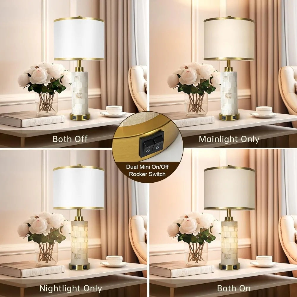Natural Alabaster Nightstand Lamp with Linen Shade, Set of 2 with Night Light and USB Ports