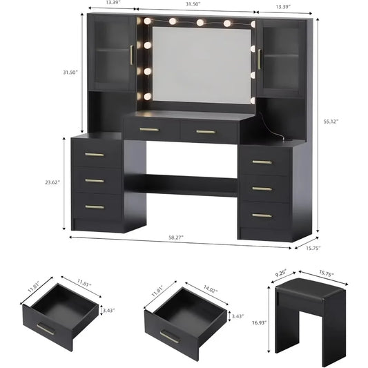 58.3" Makeup Vanity Desk with Mirror and Lights, Charging Station Table,  White