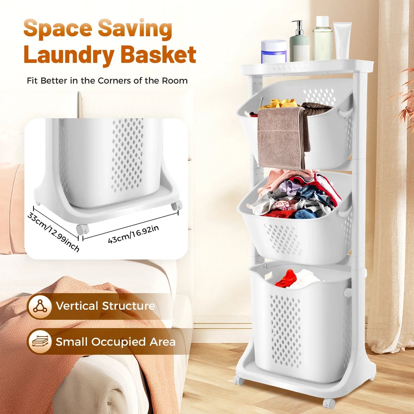 3 Tier Rolling 360° Rolling Laundry Hamper, Clothes Sorter Organizer with 4 Wheels