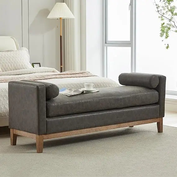 King Size 66.3" End of Bed Upholstered Long Boucle Ottoman Bench with Arms & Pillows