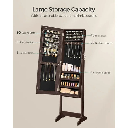 Standing Jewelry Cabinet Armoire with Full-Length Mirror, Lockable Jewelry Organizer,Brown Surface
