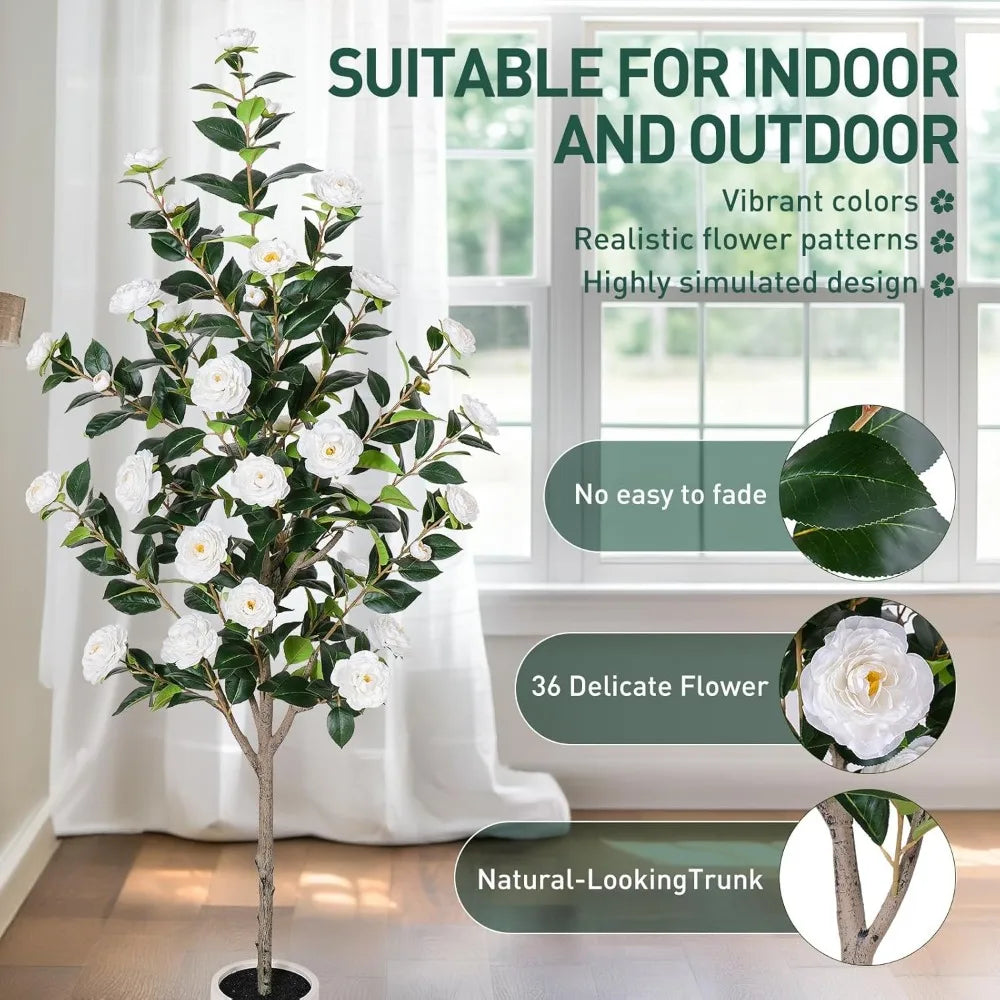 63 inch Artificial Camellia Tree with White Flower Pots -5 Ft Faux Plants, 2 pack