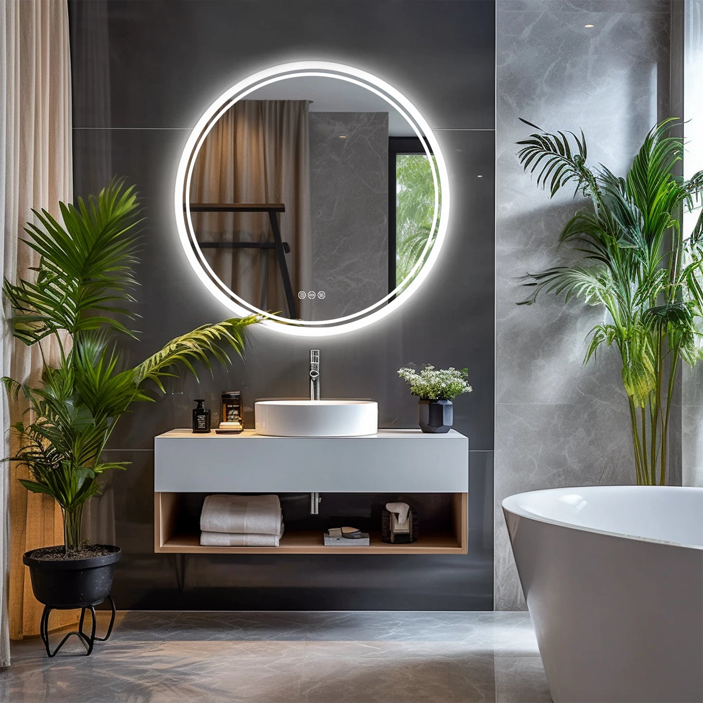 Illuminated Wall Mounted Lighted Mirror with LED Lights Circle Backlit, 3 Colors Change, Dimmable
