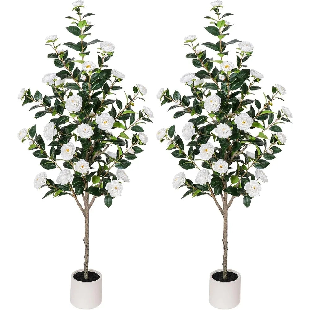63 inch Artificial Camellia Tree with White Flower Pots -5 Ft Faux Plants, 2 pack
