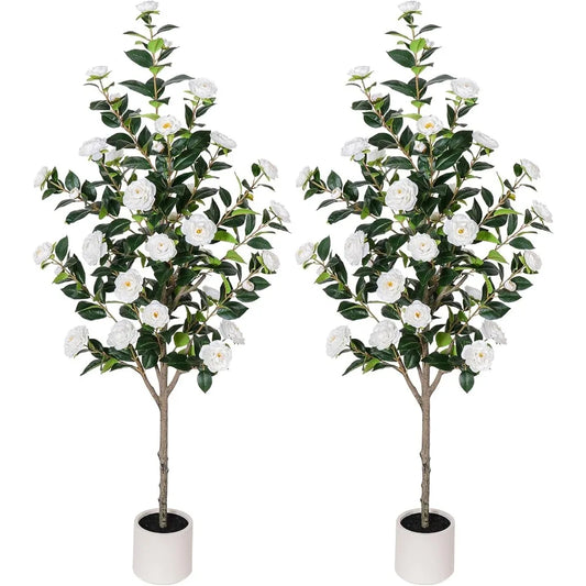63 inch Artificial Camellia Tree with White Flower Pots -5 Ft Faux Plants, 2 pack