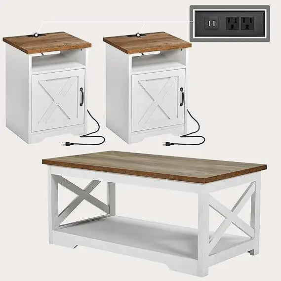 3-Piece Farmhouse Table Set Includes Coffee Table & Two End Tables, with Charging Station and USB Ports