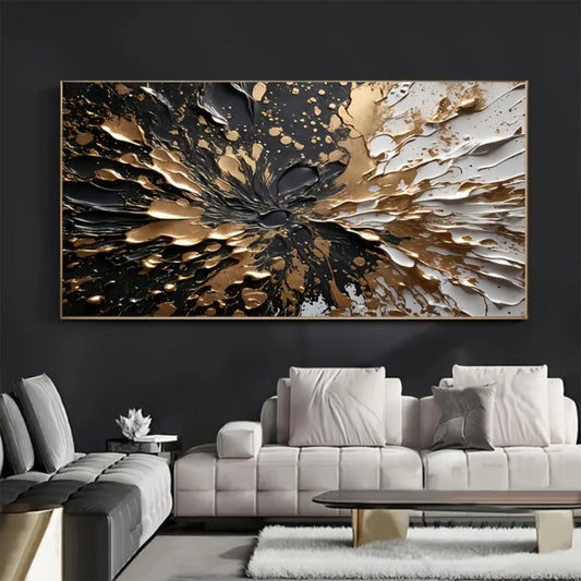 Modern abstract black gold ink splash texture wall mural, 1.5 inch thick pine solid wood frame