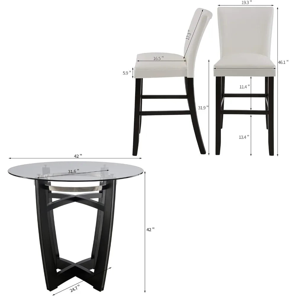 42" Tempered Top High Bar Table Stools Set of 5 Upholstered Back with Four 31.9"H Barstools Chairs