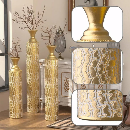 Extra Large Tall Gold Metal Floor Vases Decorative Tall Set of 3, Flower Center Vases
