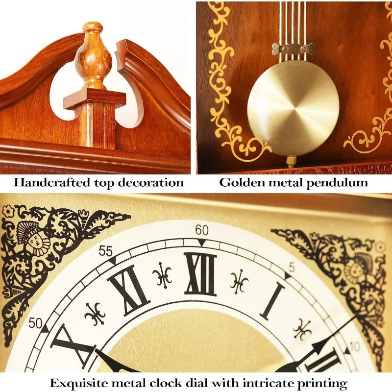 25in Grandfather Vintage Wall Clock with Pendulum and Hour/Quarter-Hour Chime