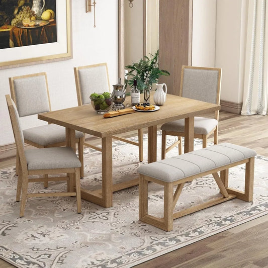 6-Piece Retro Dining Set for 6 Dining Table Set with 4 Upholstered Chairs & 1 Rectangular Bench