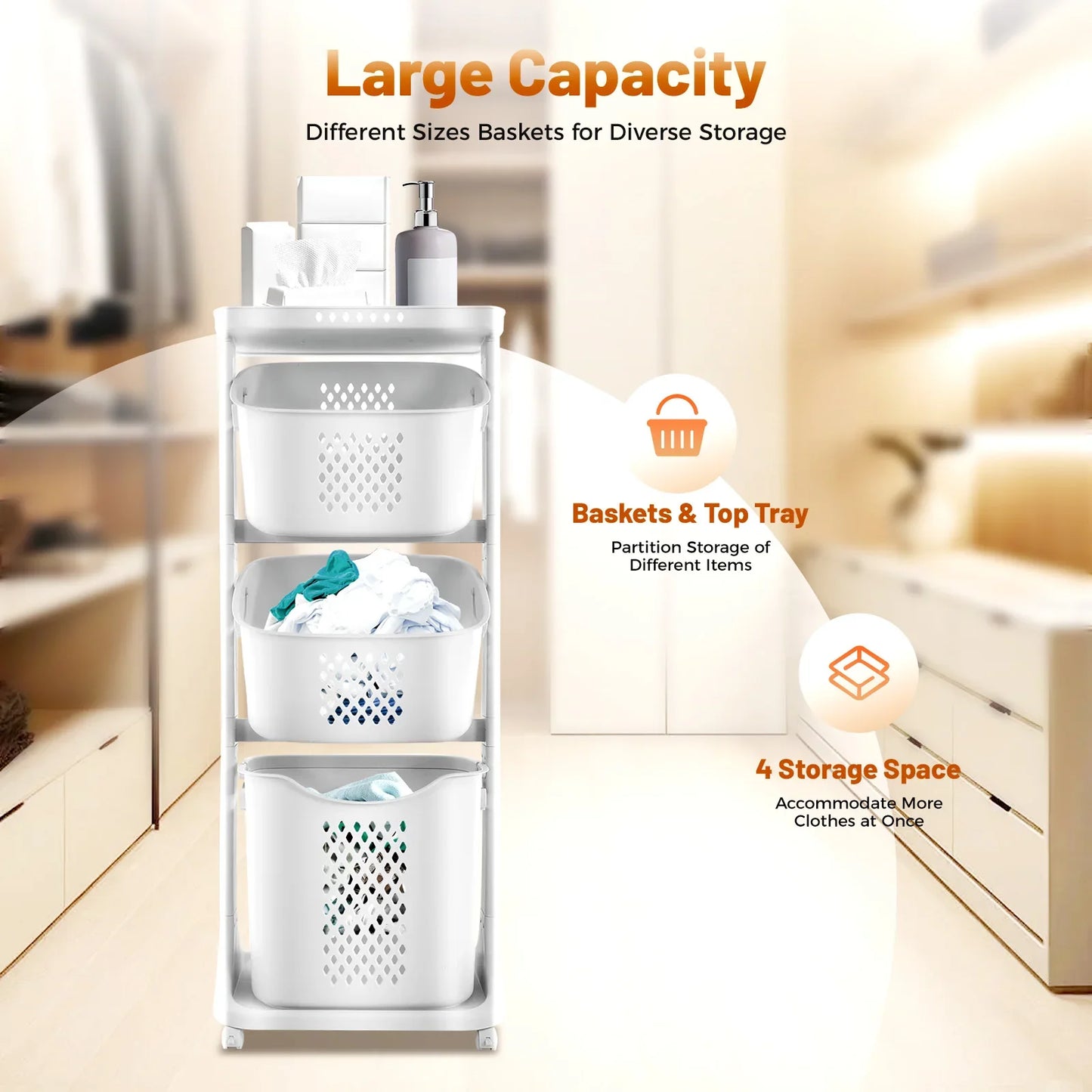 3 Tier Rolling 360° Rolling Laundry Hamper, Clothes Sorter Organizer with 4 Wheels