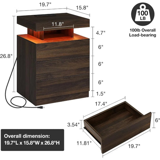 Set of 2 Walnut Tall High Gloss Nightstands ,with Wireless Charging Station with 3 Drawers