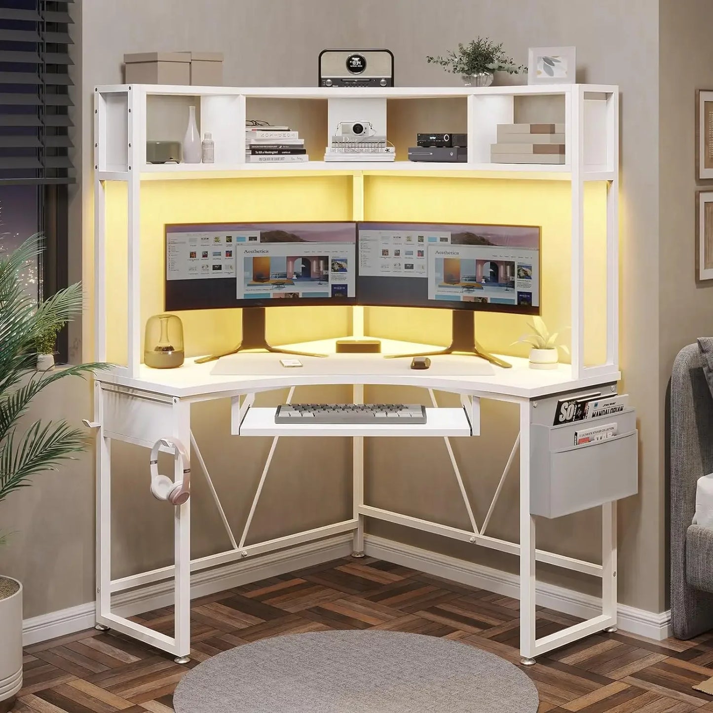 Small Gaming or Computer Triangle Corner Desk with Hutch LED Lights, keyboard Tray and Storage Bag